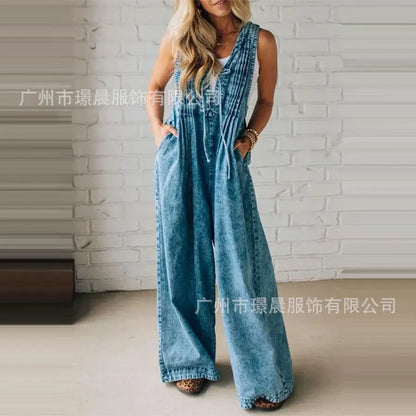 Fashion Casual Jumpsuit Women's 2025 Loose Sleeveless Solid color Pleated Lace-up One Piece Set Romper Pocket Playsuit（no Denim） Badiee Stylez