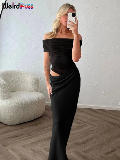 Weird Puss Ruched Irregular Dress Women Mesh Patchwork Slash Neck Short Sleeve Skinny Stretch Trend Elegant Long Bodycon Outfits