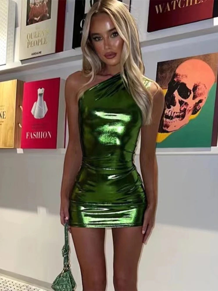 Sexy One Shoulder Bodycon Dresses For Women Solid Irregular Skinny Mini Dress Female Party Nightclub Buttocks Short Gown vestido green