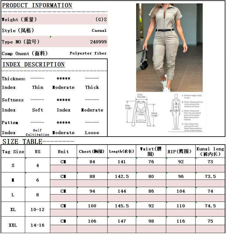 Sexy Women's Jumpsuit 2024 Summer New Fashion Zipper Workwear Short Sleeved Lapel Multi Pocket Waistband Bodysuit Pants Female