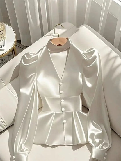 French Elegant Women's Shirt Luxury Waist Cinched White Satin Long Sleeve Shirt for Women Temperament Women's Elegant Blouses
