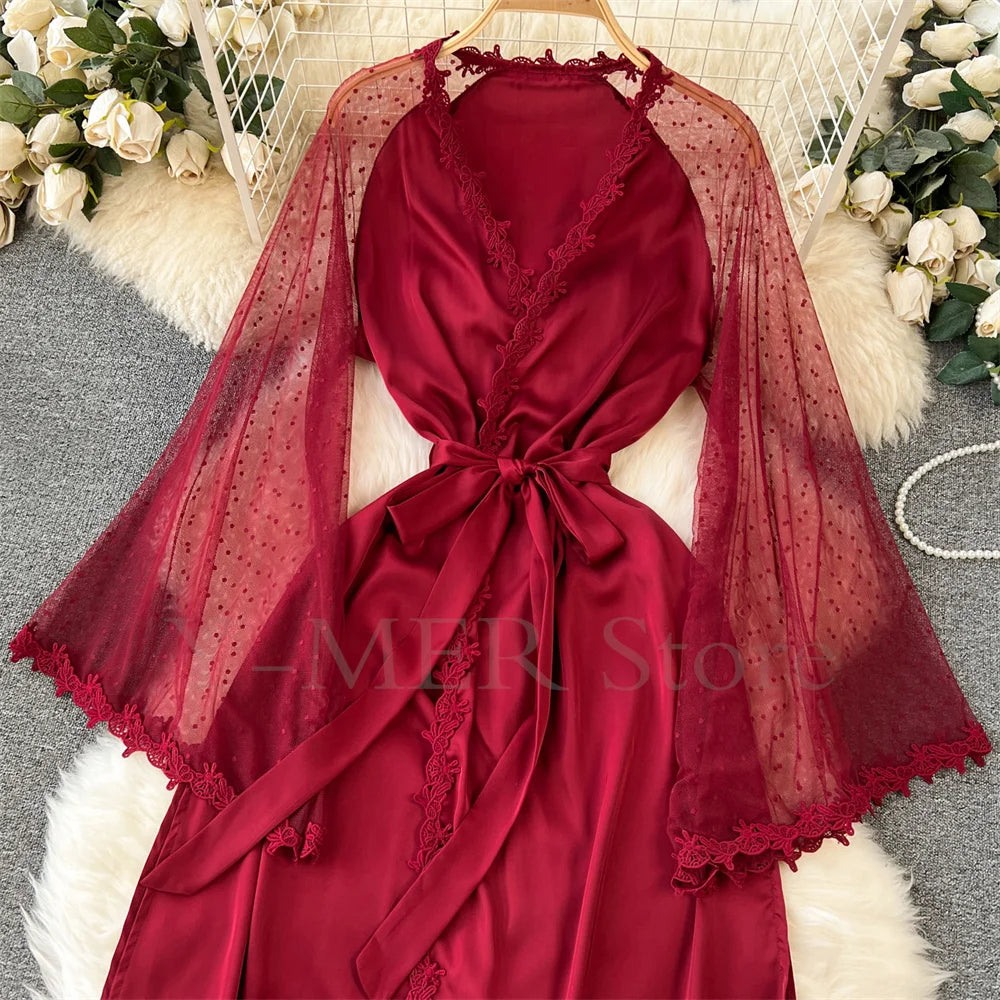 Sexy Embroider Edge Lady Kimono Bathrobe Dress Gown Mesh Sleeve Wedding Long Robe Sleepwear Loose Silk Satin Nightwear Lingerie