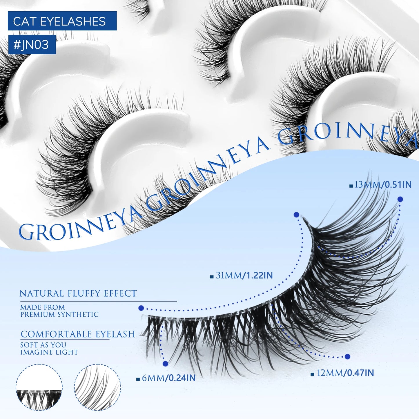GROINNEYA Cat Eye Lashes Natural Fluffy False Lashes With Winged Ends For Extended Natural Look Soft Clear Stem Lashes Makeup
