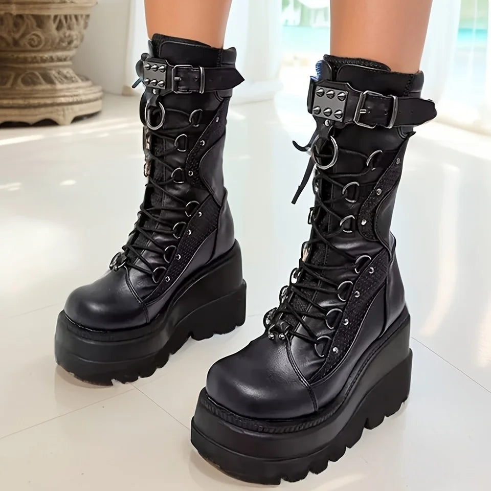 Brand New Ladies Goth Platform Boots Fashion Rivet Buckle Punk Wedges High Heels women's Boots Party Street Cosplay Woman Shoes - Badiee Stylez