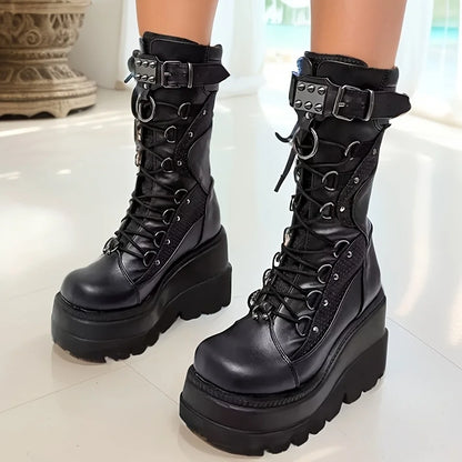 Brand New Ladies Goth Platform Boots Fashion Rivet Buckle Punk Wedges High Heels women's Boots Party Street Cosplay Woman Shoes - Badiee Stylez