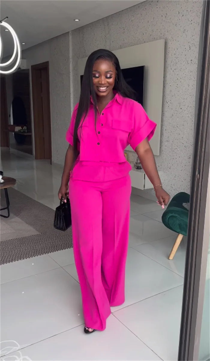Women's Two-piece Set Spring Summer New Style Lapel Short-sleeved Shirt High Waist Wide Leg Trousers Casual Suit Women Clothing