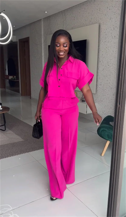 Women's Two-piece Set Spring Summer New Style Lapel Short-sleeved Shirt High Waist Wide Leg Trousers Casual Suit Women Clothing