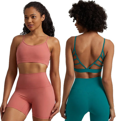 Open Back Sports Bra 8 Way Stretch Deep U Neck Bra Padded Fitness Top for Women