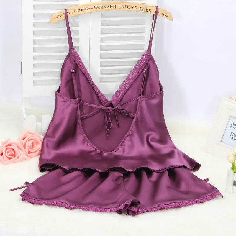 Black Pajamas Suit Lace Up Cami&shorts Set 2Pcs Satin Home Clothes Lady Sexy Lingerie Sleepwear Loungewear Plus Size 3Xl