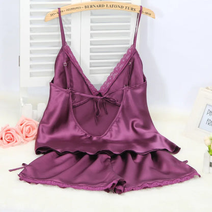 Black Pajamas Suit Lace Up Cami&shorts Set 2Pcs Satin Home Clothes Lady Sexy Lingerie Sleepwear Loungewear Plus Size 3Xl