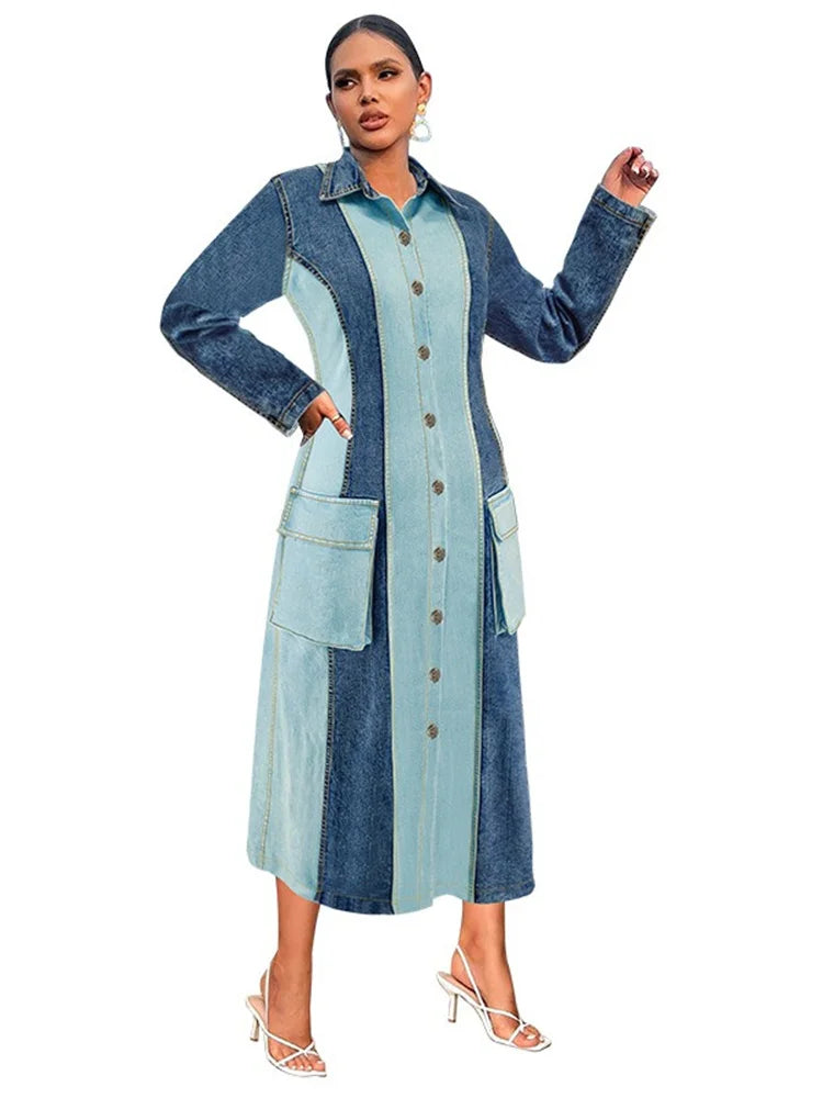 Wmstar Plus Size Denim Dresses Women Long Sleeve Casual Button Pockets Striped Maxi Dress Fall Clothes Wholesale Dropshipping