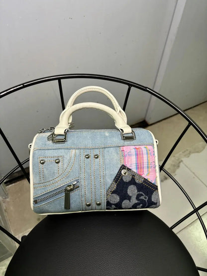 JIAERDI Retro Denim Messenger Bag Purse Women Vintage Patchwork Handle Y2k Bowling Bag Ladies Hot Girls Crossbody Hand Bags New