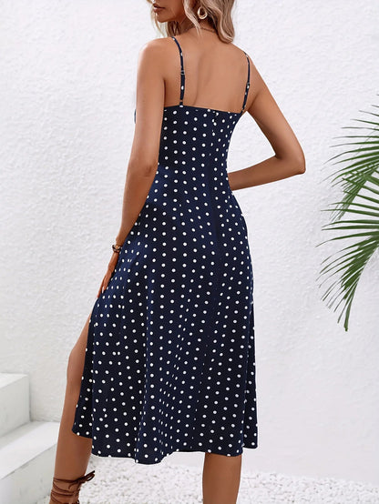2024 Summer Sexy Spaghetti Straps Dress Women Fashion Polka Dot Print Sleeveless Slit Dress Boho Casual Beach Midi Dresses Badiee Stylez