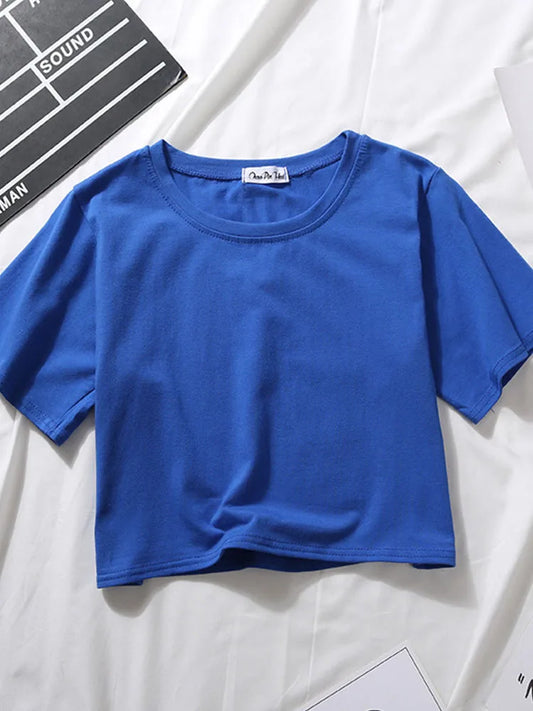 Summer Short Sleeve T Shirts Women Cotton Solid T-shirt O Neck High Waist Crop Top Tee Female Casual Loose T Shirt Badiee Stylez