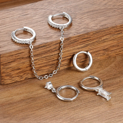 4PCS Exquisite Stainless Steel Long Chain Pendant Earrings Set for Woman Little Huggies Hoop Earrings Cartilage Piercing Jewelry