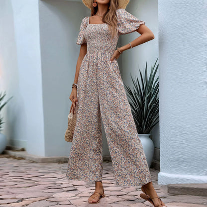 Bohemian Vacation Holiday Jumpsuit Women Pleated Wide Leg Rompers Chiffon Print Ethnic Playsuit Summer Casual Jumpsuits Badiee Stylez