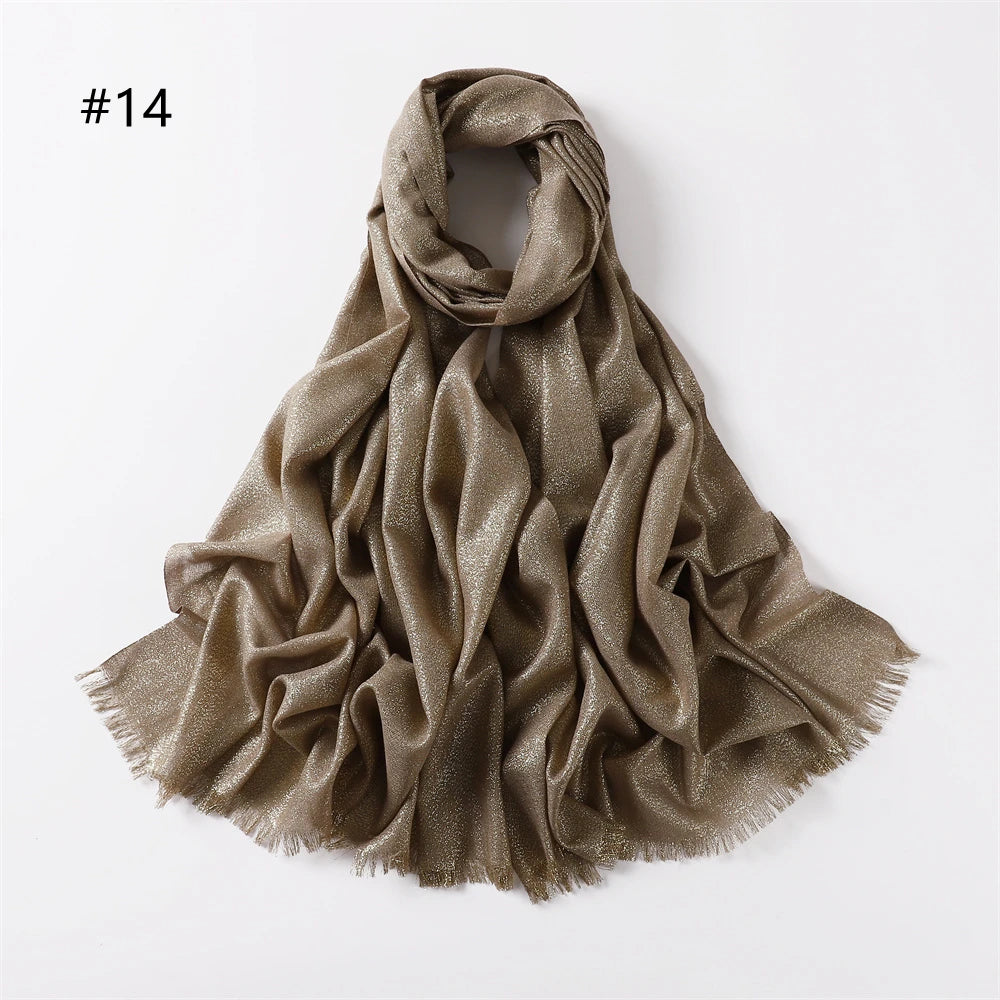 Lastest Brand Design Scarf Shiny Solid Color Shawls Rayon Fabric Gold Silk Silver Wire Head Shawl Fringe Hijab For Women