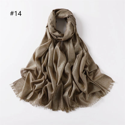 Lastest Brand Design Scarf Shiny Solid Color Shawls Rayon Fabric Gold Silk Silver Wire Head Shawl Fringe Hijab For Women