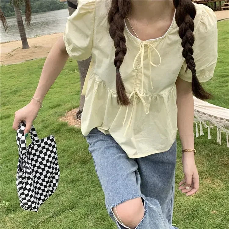 Ruffles Shirts and Blouses Korea Short Sleeve Top Women 2024 Summer Lace-up Sweet Blouses Cute Elegant Solid Sweet Folds Clothes