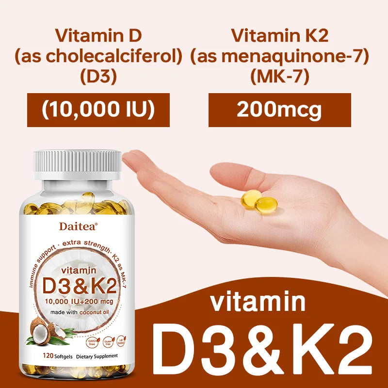 Vitamin D3 & K2 Capsules 10,000IU Vitamin D3 300mcg 200mcg K2 Supports Heart, Brain, Immune and Joint Health