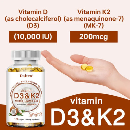 Vitamin D3 & K2 Capsules 10,000IU Vitamin D3 300mcg 200mcg K2 Supports Heart, Brain, Immune and Joint Health