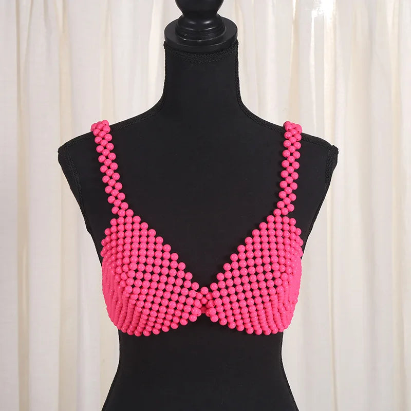 Hollow Out Pearl Sling Crop Tops For Women Sexy Pearl Beaded Bra Top for Women Pearl Straps Elegant Crop Top for Parties black One Size