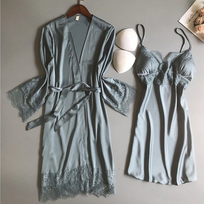 White 5PCS Sleep Set Pajamas Lady Lace Satin Pyjamas Kimono Bath Gown Loose Sleepwear Home Cloting V-Neck Casual Nightwear Lake Blue B