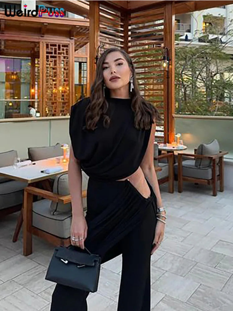 Weird Puss Elegant Irregular 2Piece Set Summer Women Chic Classic Tank Tops+Skirts Pants Matching Trend Ruched Suits Streetwear Badiee Stylez