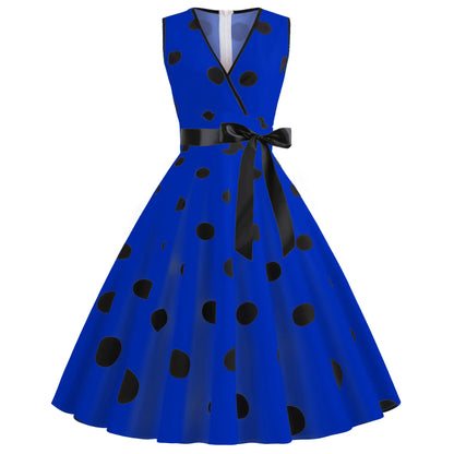 Summer V-neck sleeveless polka dot lace-up waist tucked vintage swing dress