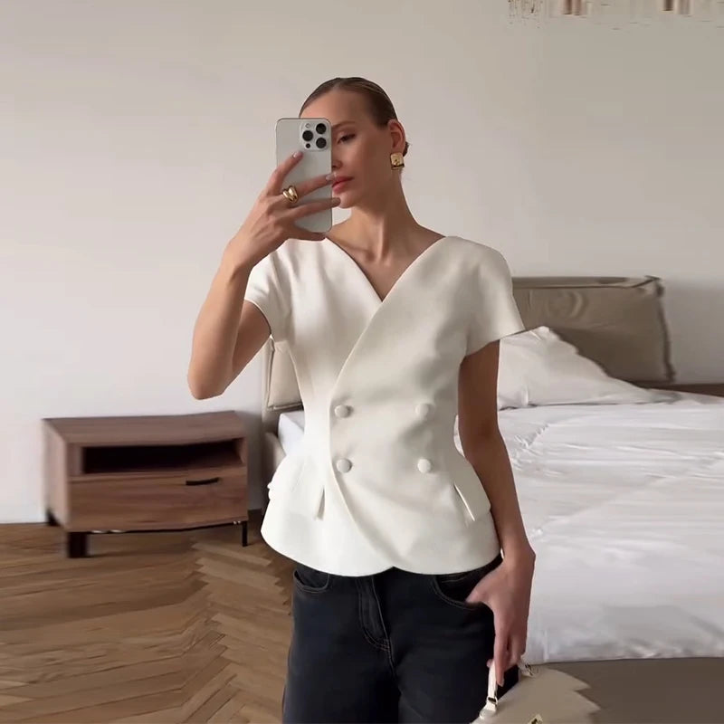 Elegant Short Sleeve Women's Top 2025 Summer Fashion V-neck Button Slim Office Lady Commuting Tops Street Solid Female Shirt