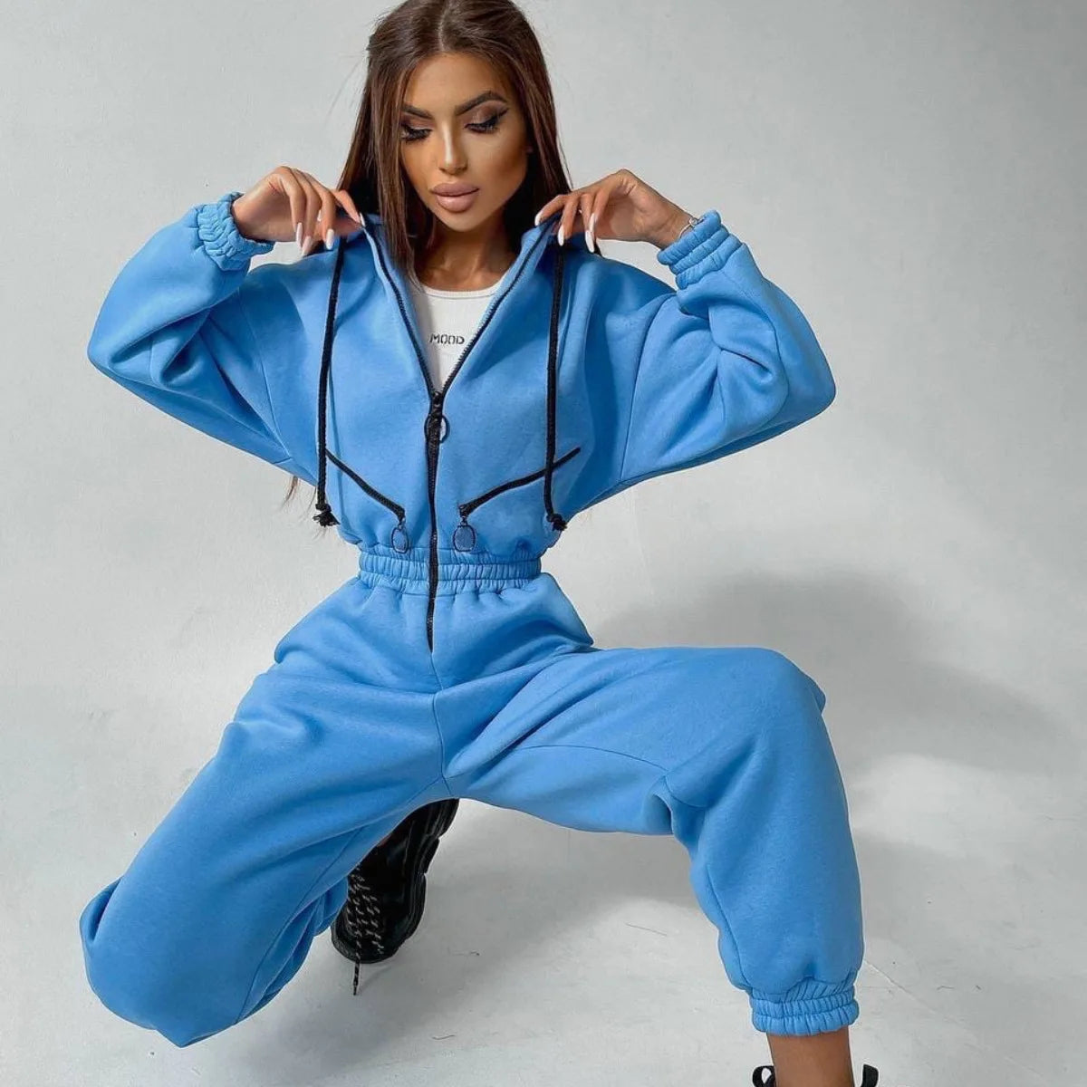 Autumn Women's Monochrome Long-Sleeved Jumpsuit Solid Color Zip-up Sportswear Female Winter Casual Tracksuit Fashionable Hoodies Badiee Stylez