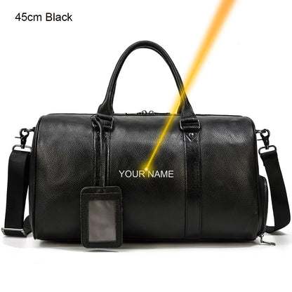 Luxury Genuine Leather Men Women Travel Bag Cow Leather Carry On Luggage Bag Travel Shoulder Bag Male Female Weekend Duffle Bag black(45cm)-laser