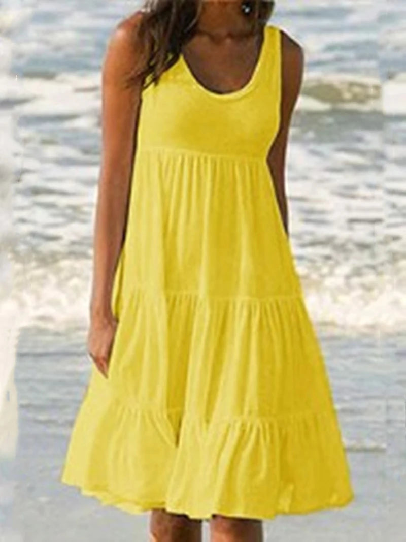 Women Causual O Neck Sleeveless Ruffles Mini Dress Boho Solid Beach Sundress Oversized Loose Dress 2023 Summer