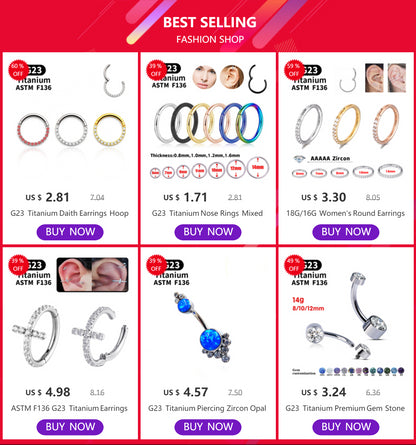 G23 Titanium Piercing Jewelry 16G 8/10/12mm Nose Ring Half Ring CZ Paved D Shape Segment Ring Clicke Cartilage Tragus Helix Lip