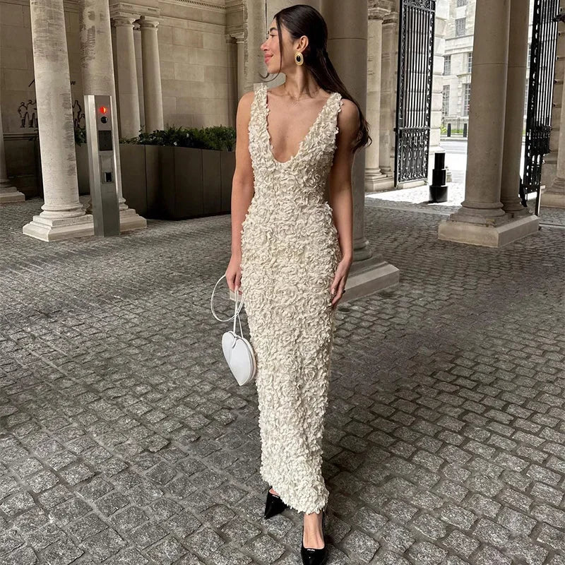 Sexy 3D Flower Deep V-neck Dress Women Slim Sleeveless Backless Split Hip Package Midi Dresses 2025 Spring Ladies New Vestidos