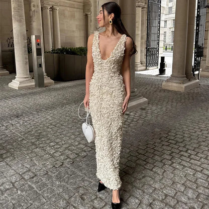 Sexy 3D Flower Deep V-neck Dress Women Slim Sleeveless Backless Split Hip Package Midi Dresses 2025 Spring Ladies New Vestidos