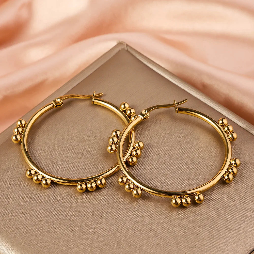 Stainless Steel Women's Hoop Earrings, Non Fading Fashionable Gold Color Metal Bead Earrings, Classic Jewelry Accessories