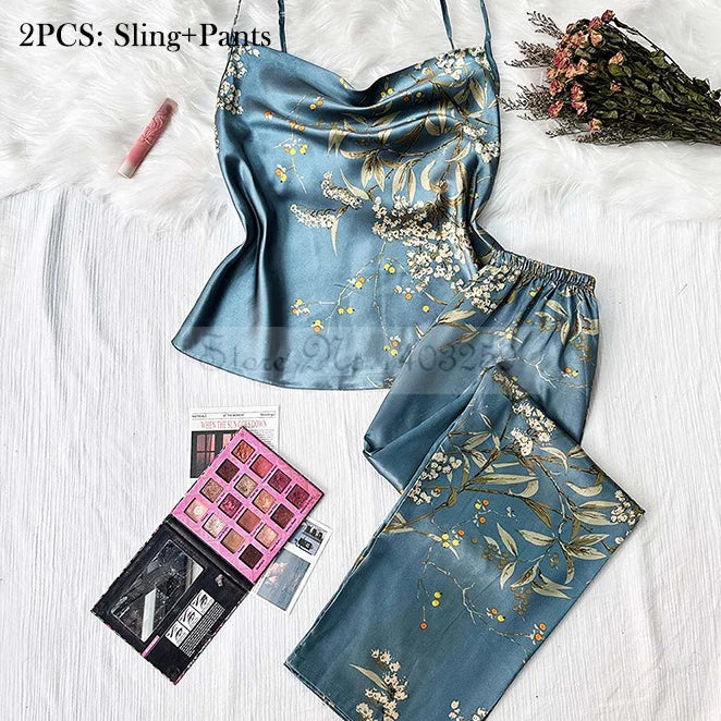 Four Pieces Pajamas Set Printed Little Cherry Sleepwear Women Satin Nightgown With Suspender Sling&Shorts Summer Home Clothes Green Cherry E