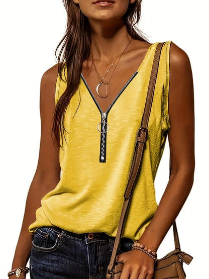 Versatile Women's V-Neck Half-Zip Tank Top - Casual All-Season Wear with Durable Stretch Fabric Yellow