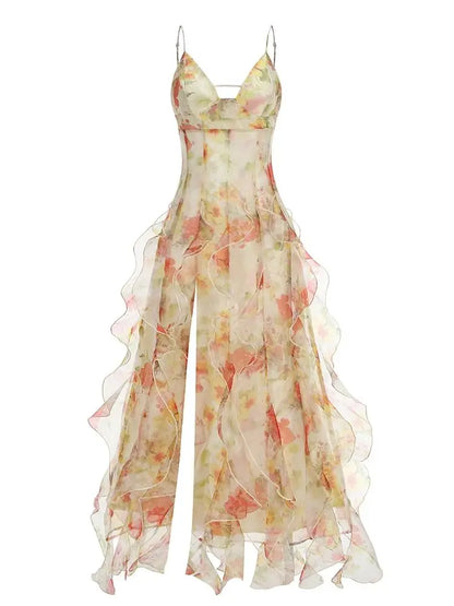 Summer New 2024 Women Sexy V Neck Backless Flower Chiffon Maxi Gowns Dress Split Celebrity Cut Out Beach Maxi Dress Yellow