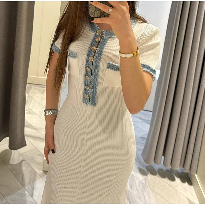 Elegant Denim Patchwork Knitted Long Dress Women Fashion V Neck Short Sleeved Buttons Bodycon Dresses Female White Pockets Robes
