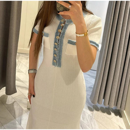 Elegant Denim Patchwork Knitted Long Dress Women Fashion V Neck Short Sleeved Buttons Bodycon Dresses Female White Pockets Robes