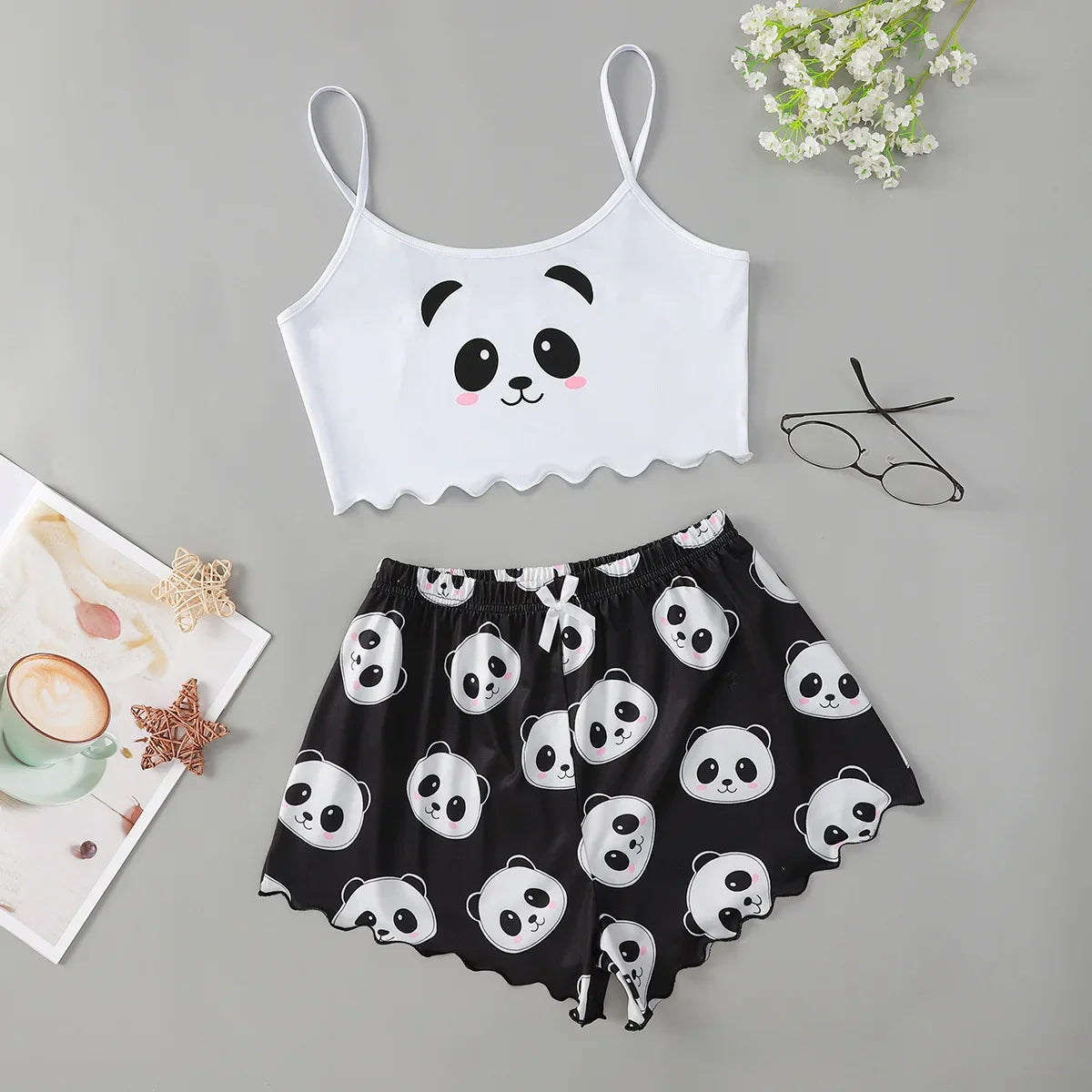 Women's 2pcs Cute Soft Comfy Cartoon Panda Print Sexy Sleepwear Sleeveless Shorts Homewear Pajama Set Loungewear