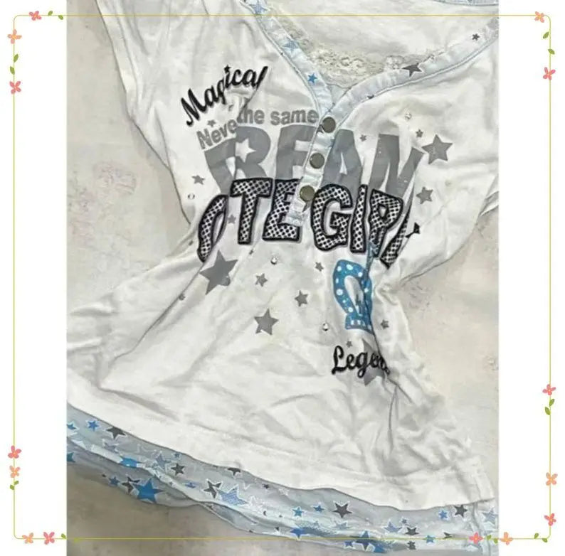 Millennium Y2k Star Printed Fake Two Piece T-Shirt American Vintage V-neck Short Sleeve T-shirt Harajuku Y2k V-neck T-shirt
