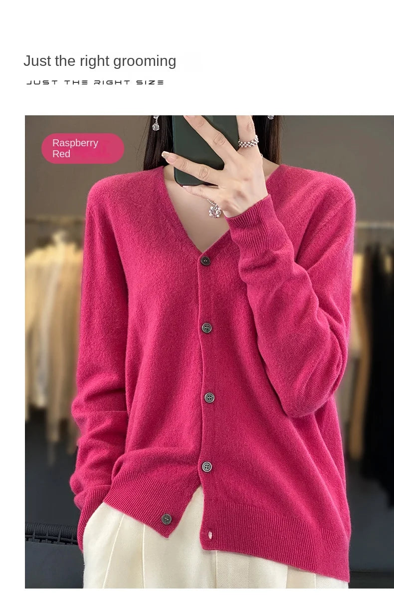 100 Merino Wool Knitted V-neck Sweater Women's Top Loose Korean Version Fashionable Versatile Autumn And Winter Cashmere Sweater