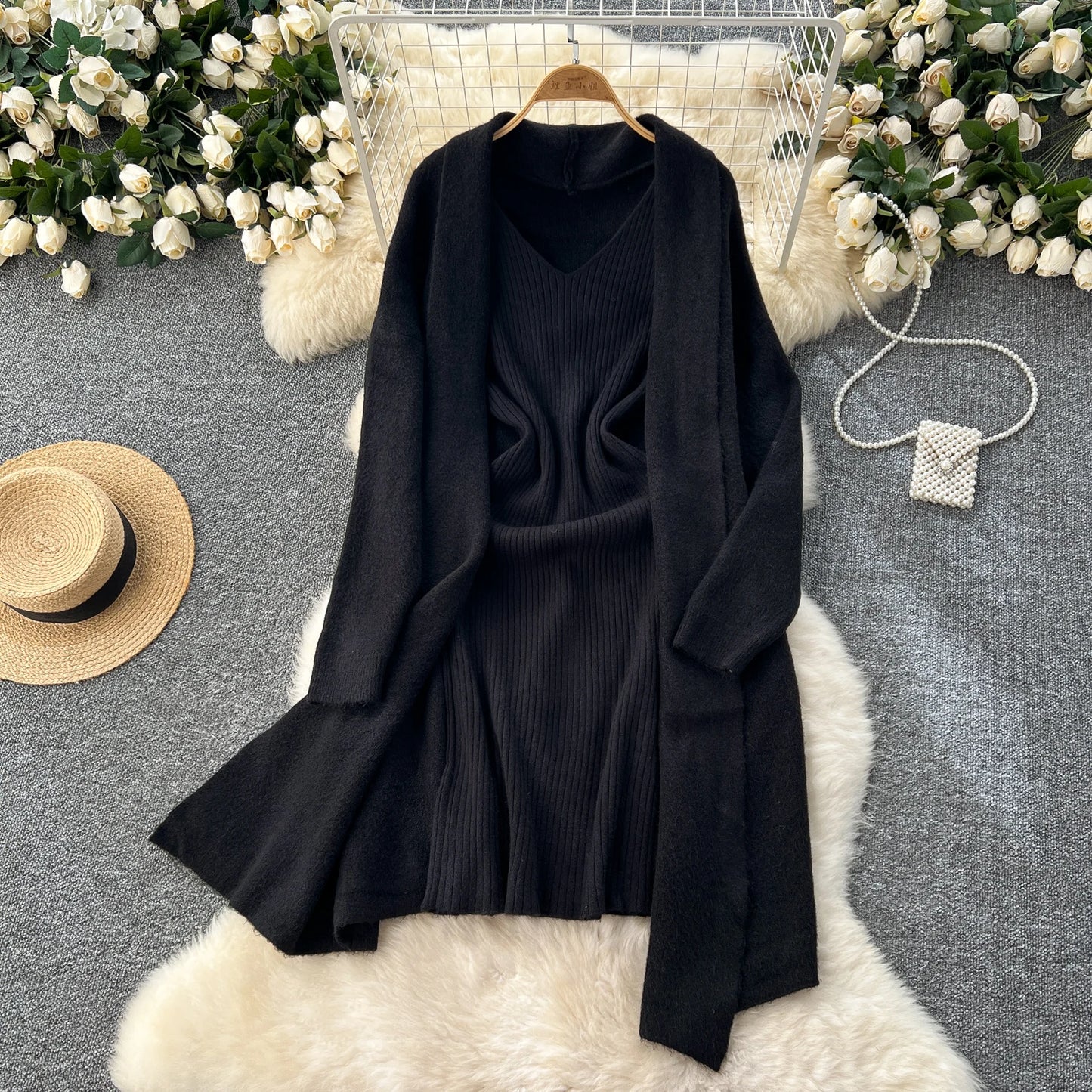 SINGREINY Autumn Knitted Two Pieces Sets Ladies Loose Knitting Cardigan+Spaghetti Strap Bodycon Dress Basic Solid Winter Suits Badiee Stylez