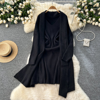 SINGREINY Autumn Knitted Two Pieces Sets Ladies Loose Knitting Cardigan+Spaghetti Strap Bodycon Dress Basic Solid Winter Suits Badiee Stylez