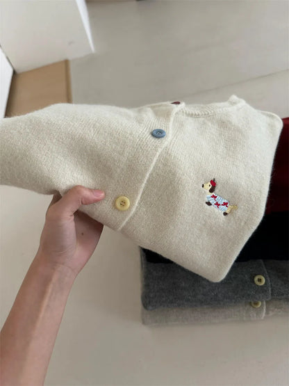 Women Knitwear Chic Embroidery Loose Casual Cardigan Autumn Winter Soft Elegant O-neck Sweaters Commute Basic Knitted Tops