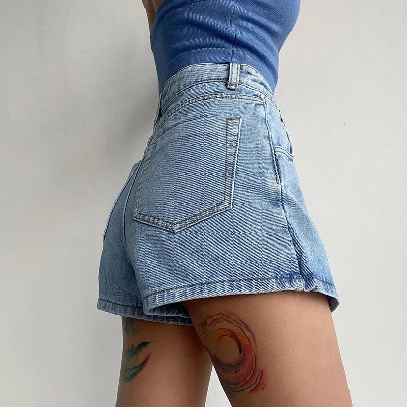 Elegant Slimming High-waisted A- line Denim Shorts Women's Summer New 2023 Light Color Two-piece Illusion Design Slim Fit
