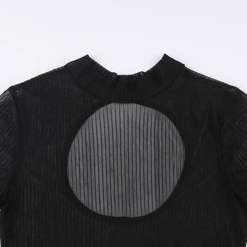 See Through Bodysuit Backless Hollow Out Transparent Club Jumpsuits Women Solid Black Tee Summer Elegant Sexy Streetwear